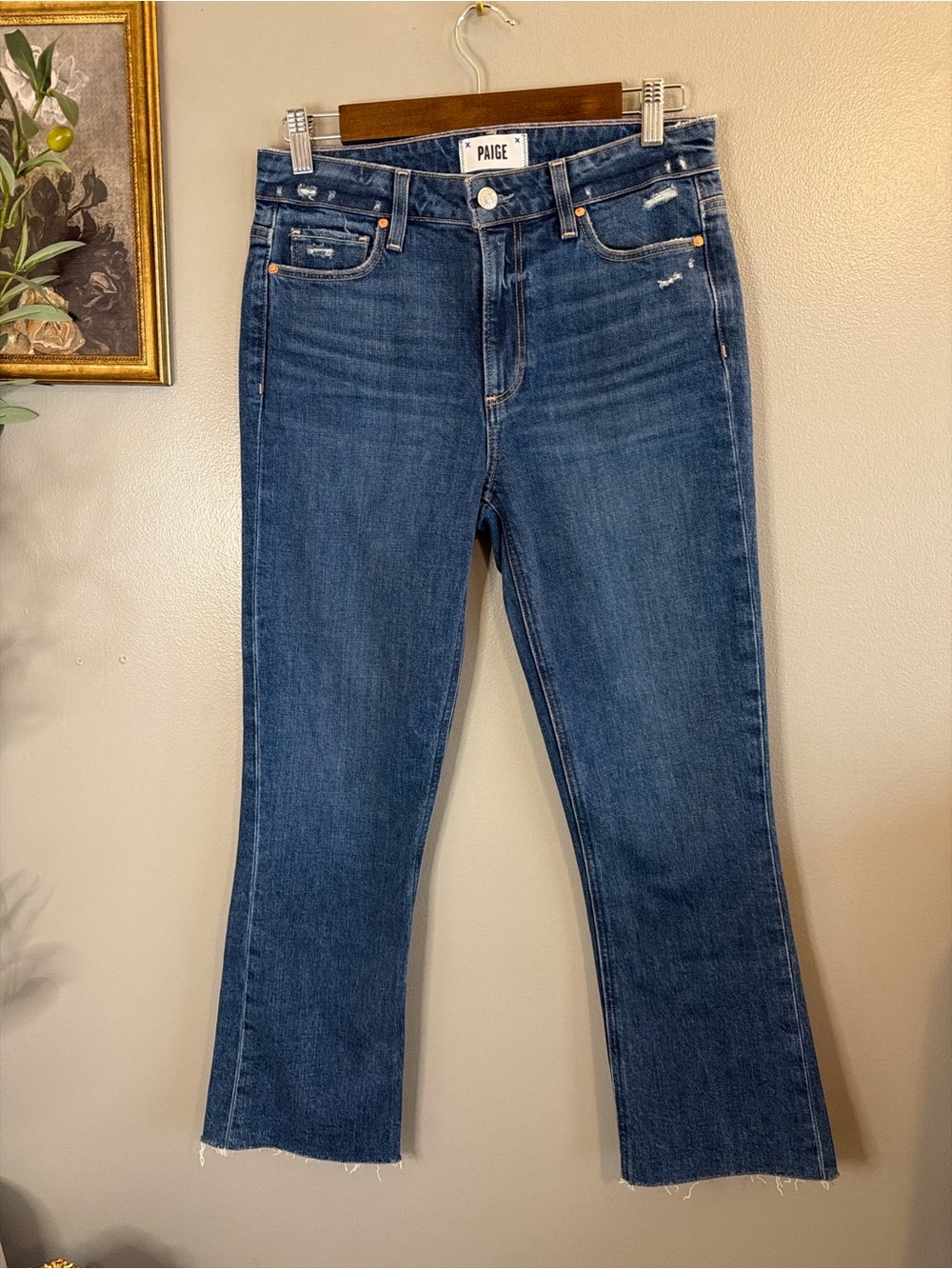 PAIGE Colette Crop Flare Jeans Womens 27 Blue Distressed Raw Hem High Rise - Picture 3 of 8